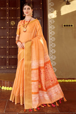 Admyrin Orange Soft Cotton Printed Designer Party Wear Saree with Blouse Piece