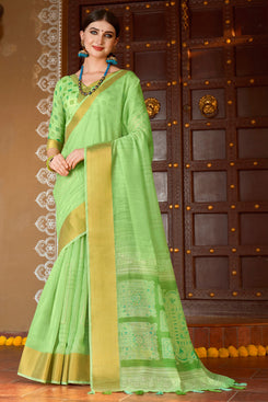 Admyrin Green Soft Cotton Printed Designer Party Wear Saree with Blouse Piece
