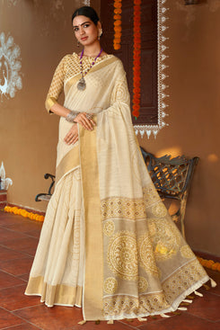 Admyrin Beige Soft Cotton Printed Designer Party Wear Saree with Blouse Piece