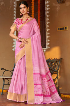 Admyrin Pink Soft Cotton Printed Designer Party Wear Saree with Blouse Piece