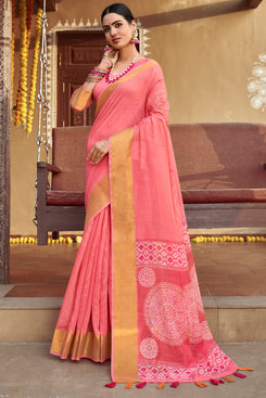 Admyrin peach Soft Cotton Printed Designer Party Wear Saree with Blouse Piece