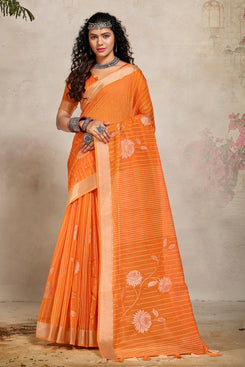 Admyrin Orange Soft Cotton Linen Printed Designer Party Wear Saree with Blouse Piece