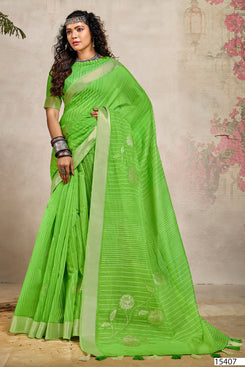 Admyrin Green Soft Cotton Linen Printed Designer Party Wear Saree with Blouse Piece