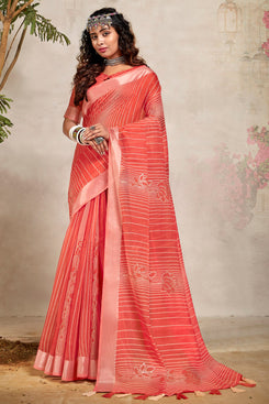 Admyrin Peach Soft Cotton Linen Printed Designer Party Wear Saree with Blouse Piece
