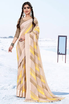 Admyrin Beige Georgette Printed Designer Party Wear Saree with Blouse Piece