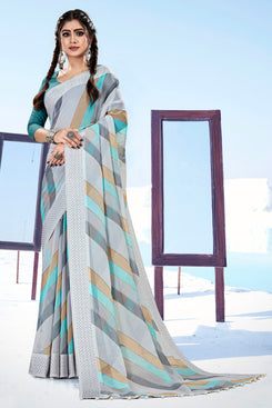 Admyrin Blue Georgette Printed Designer Party Wear Saree with Blouse Piece
