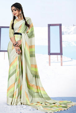 Admyrin Green Georgette Printed Designer Party Wear Saree with Blouse Piece