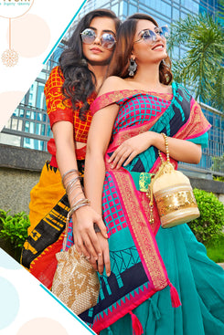 Admyrin Aqua & Pink Soft Cotton Linen Printed Designer Party Wear Saree with Blouse Piece