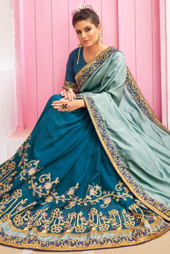 Admyrin Aqua & Blue Chanderi Silk & Georgette  Zari & Embroidered  Designer Party Wear Saree with Blouse Piece