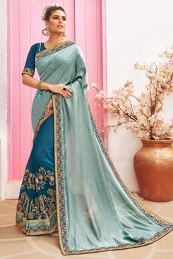 Admyrin Aqua & Blue Chanderi Silk & Georgette  Zari & Embroidered  Designer Party Wear Saree with Blouse Piece