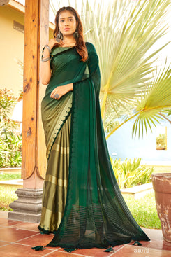Admyrin Dark Green Weightless Patta Solid Saree with Blouse Piece