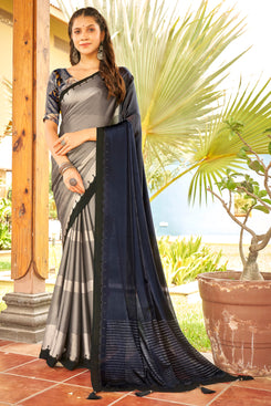 Admyrin Grey Weightless Patta Solid Saree with Blouse Piece