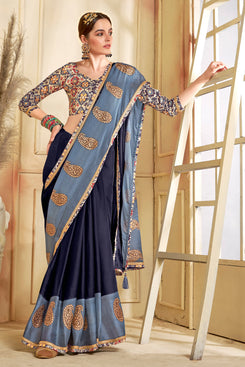 Admyrin Dark Blue Moss Chiffon Solid, Ethinic Printed & Stone Embellished Designer Party Wear Saree with Blouse Piece