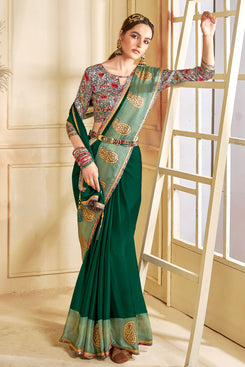 Admyrin Dark Green Moss Chiffon Solid, Ethinic Printed & Stone Embellished Designer Party Wear Saree with Blouse Piece