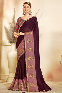 Admyrin Purple Wine Moss Chiffon Solid, Ethinic Printed & Stone Embellished Designer Party Wear Saree with Blouse Piece