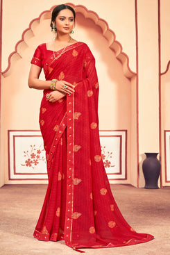 Admyrin Red Georgette Printed Saree with Blouse Piece