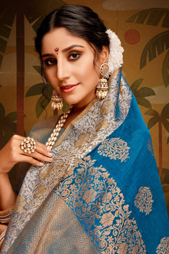 Admyrin Aqua Blue Kanjeevaram Art Silk Woven Designer Party Wear Saree with Blouse Piece