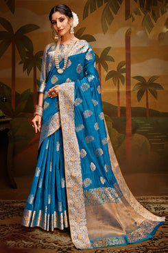 Admyrin Aqua Blue Kanjeevaram Art Silk Woven Designer Party Wear Saree with Blouse Piece