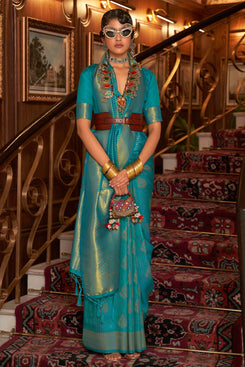 Admyrin Green Khadi Silk Woven Saree with Blouse Piece