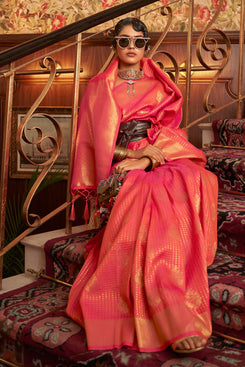 Admyrin Peach Khadi Silk Woven Saree with Blouse Piece