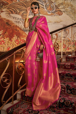 Admyrin Pink Khadi Silk Woven Saree with Blouse Piece