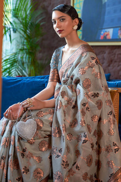 Admyrin Beautiful Grey Shimmer Organza Copper Zari Weaving Party Wear Saree with Blouse Piece
