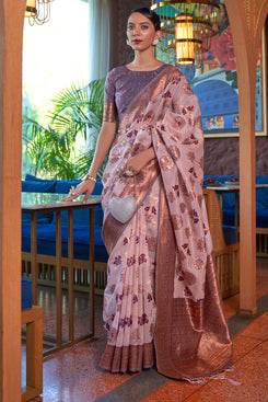 Admyrin Beautiful Light Pink Shimmer Organza Copper Zari Weaving Party Wear Saree with Blouse Piece