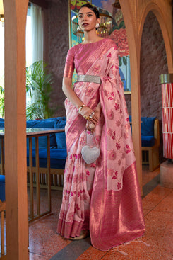 Admyrin Beautiful Pink Shimmer Organza Copper Zari Weaving Party Wear Saree with Blouse Piece