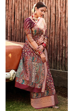 Admyrin Beautiful Maroon Digitally Printed Soft Silk Zari Weawing Work Saree with Blouse Piece