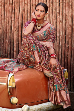 Admyrin Beautiful Maroon Digitally Printed Soft Silk Zari Weawing Work Saree with Blouse Piece