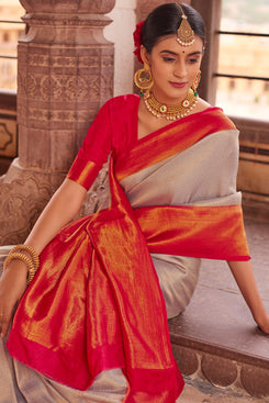 Admyrin Grey Soft Silk Woven Party Wear Saree with Blouse Piece