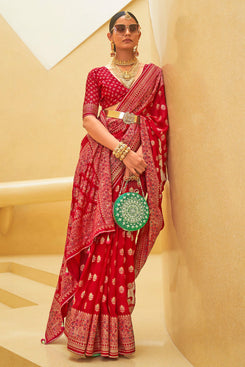 Admyrin Red Tussar Silk Zari Woven Saree with Blouse Piece