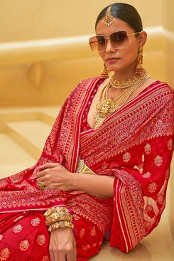 Admyrin Red Tussar Silk Zari Woven Saree with Blouse Piece