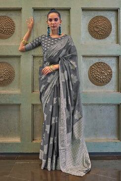 Admyrin Dark Grey Chickankari Lucknowi Sequince Work Woven Party Wear Saree with Blouse Piece
