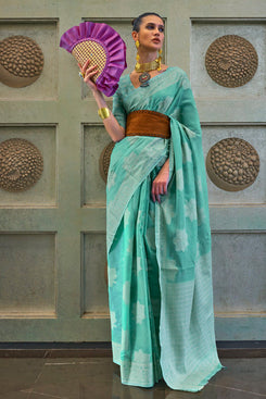 Admyrin Aqua Green Chickankari Lucknowi Sequince Work Woven Party Wear Saree with Blouse Piece