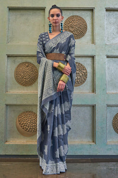 Admyrin Grey Chickankari Lucknowi Sequince Work Woven Party Wear Saree with Blouse Piece