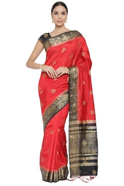 Admyrin Red & Black Banarasi Art Silk Woven Designer Party Wear Saree with Blouse Piece