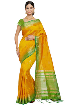 Admyrin Yellow Banarasi Art Silk Woven Designer Party Wear Saree with Blouse Piece