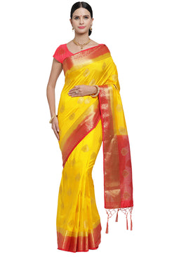 Admyrin Yellow Banarasi Art Silk Woven Designer Party Wear Saree with Blouse Piece