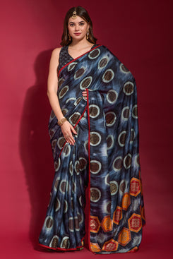 Admyrin Grey Smooth Silk Emboss Foil Print Party Wear Saree with Smooth Silk Blouse Piece