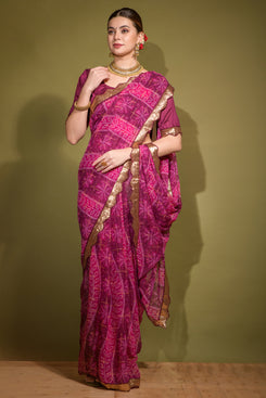 Admyrin Pink Georgette Chiffon Embroidered and Sequin Work Party Wear Saree with Blouse Piece