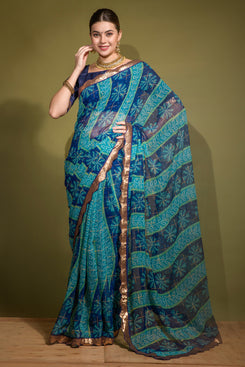 Admyrin Blue Georgette Chiffon Embroidered and Sequin Work Party Wear Saree with Blouse Piece