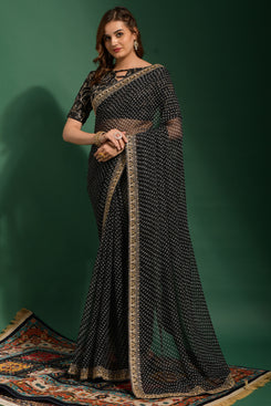 Admyrin Bright & Beautiful Black Soft Georgette Bandhani Print Saree with All Over Work Blouse Piece