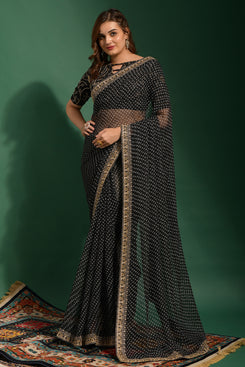 Admyrin Bright & Beautiful Black Soft Georgette Bandhani Print Saree with All Over Work Blouse Piece