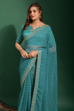 Admyrin Bright & Beautiful Turquoise Blue Soft Georgette Bandhani Print Saree with All Over Work Blouse Piece