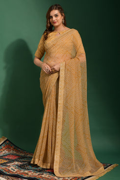 Admyrin Bright & Beautiful Light Yellow Soft Georgette Bandhani Print Saree with All Over Work Blouse Piece