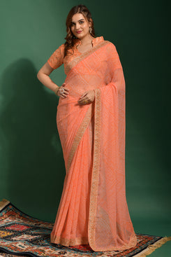 Admyrin Bright & Beautiful Orange Soft Georgette Bandhani Print Saree with All Over Work Blouse Piece