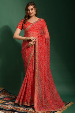 Admyrin Bright & Beautiful Red Soft Georgette Bandhani Print Saree with All Over Work Blouse Piece