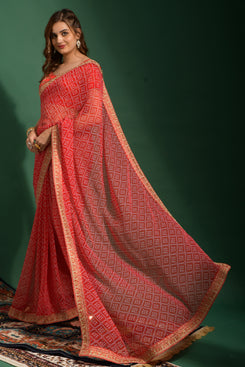 Admyrin Bright & Beautiful Red Soft Georgette Bandhani Print Saree with All Over Work Blouse Piece