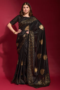 Admyrin Black Georgette Silk Emboss Foil Print Party Wear Saree with Georgette Silk Blouse Piece
